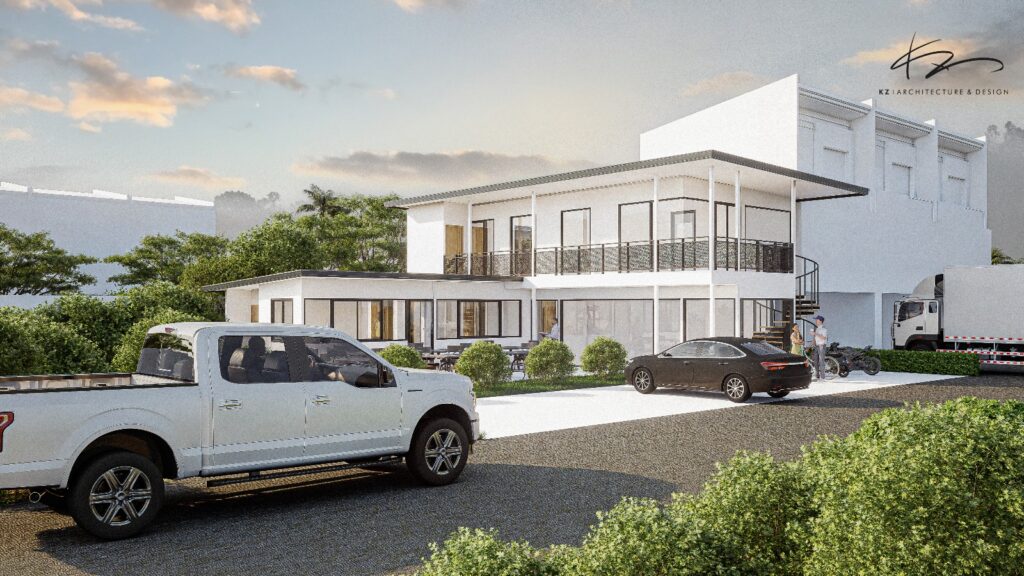 Artisan Bakery, Phuket — two-level building: retail bakery + terrace (ground), production laboratory (rear), offices (upper)