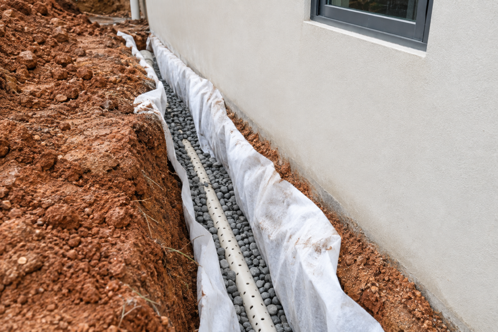 Illustration of a perimeter drain trench lined with geotextile and filled with gravel around a perforated pipe beside a villa wall