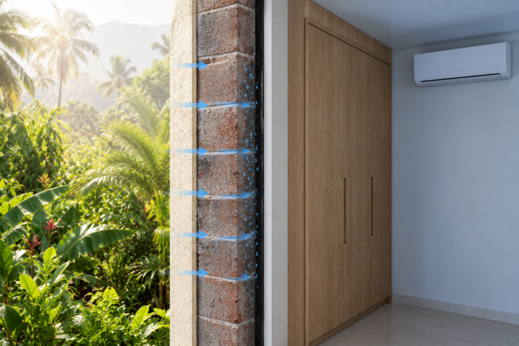Illustration of a cutaway external wall in an air-conditioned tropical villa bedroom showing vapor moving inward and condensation behind an inner vapor barrier