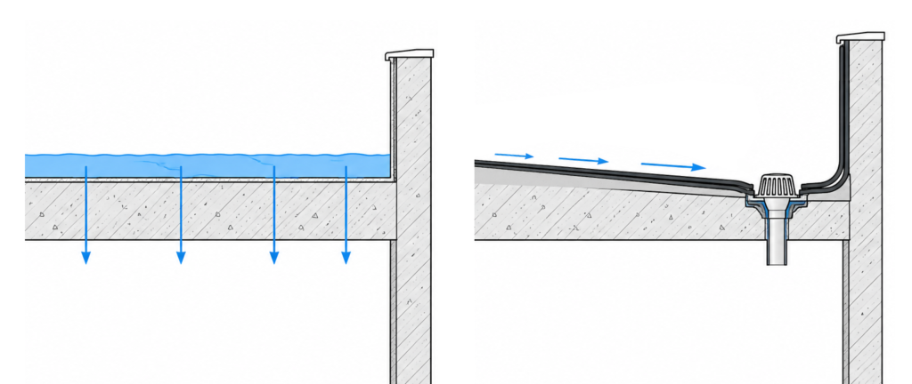 Section comparing a flat roof without falls and a flat roof with sloped screed, membrane and emergency overflow